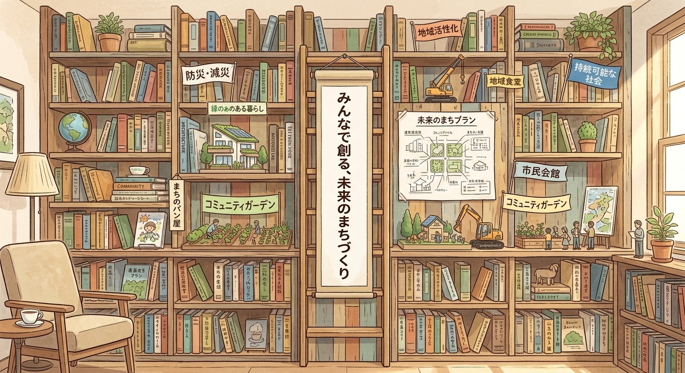 まちの本活動をイメージした本棚のイラスト