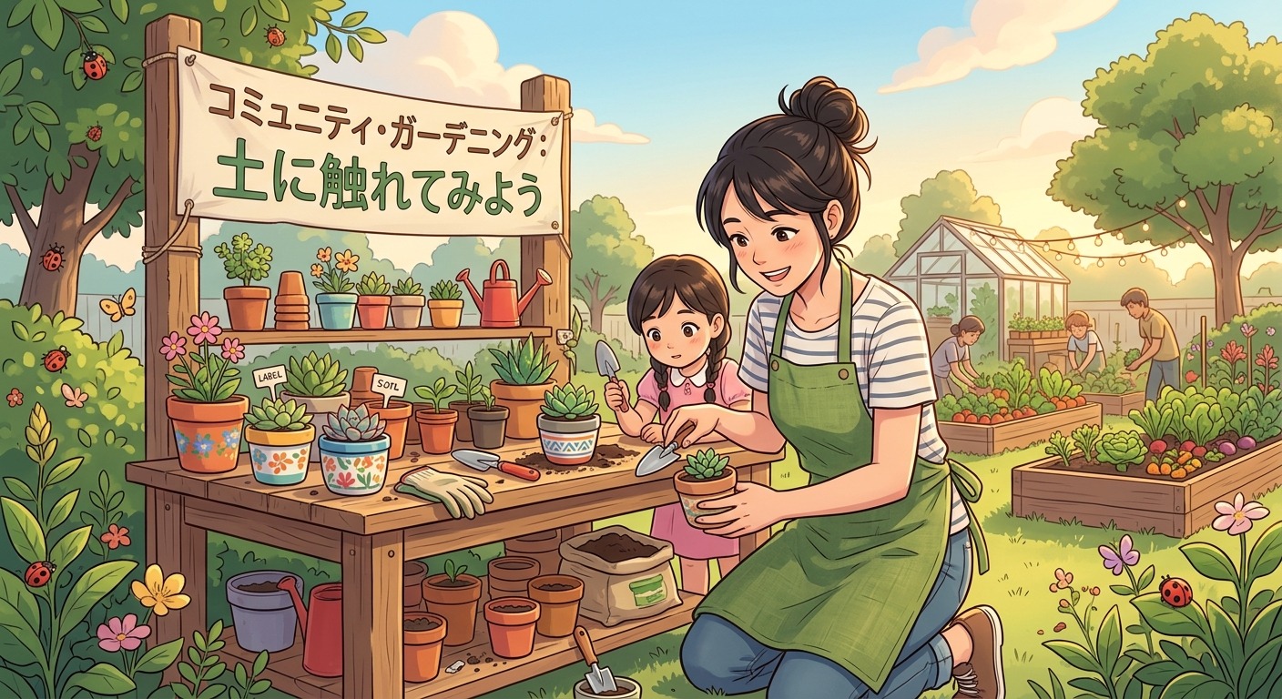 園芸の得意な住民から親子が学ぶイラスト