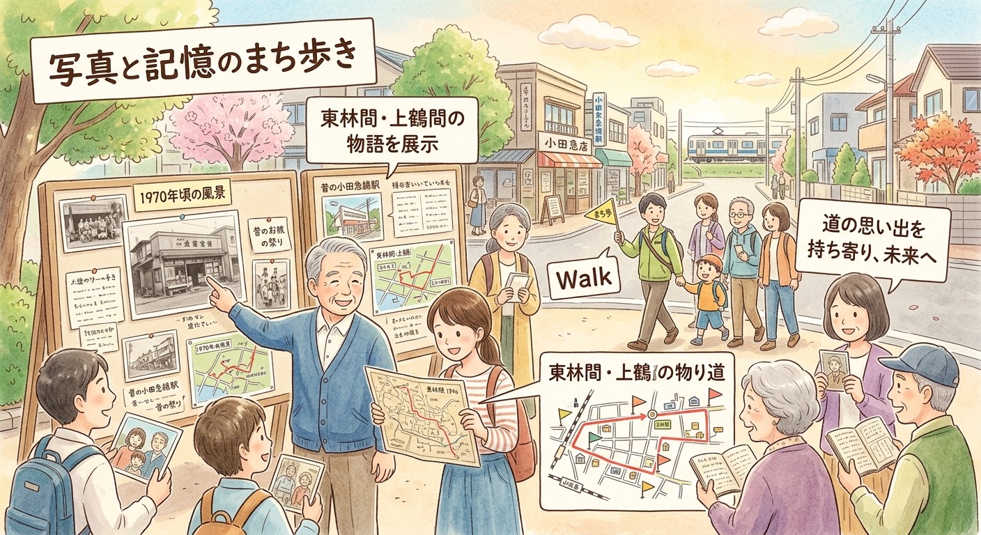 古い写真や地図を持ち寄ってまちを歩く人々のイラスト
