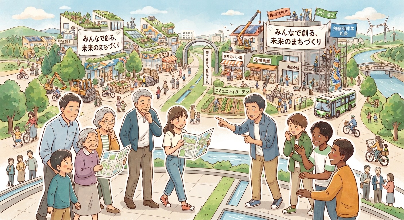 世代を越えて集まった人々が、未来のまちづくりについて話し合うイラスト